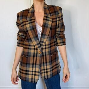 90s Requirements Brown Tan Gray Plaid Blazer Size M